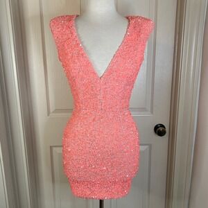 Helsi Jodi NWT Coral  Sequin Mini Dress Sleeveless plunging Party Cocktail XS‎